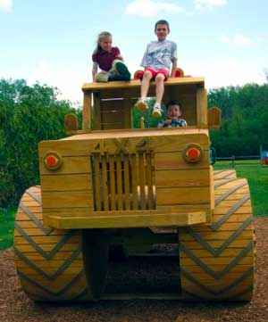 Kids climb aboard our giant earthmover at Downey's Farm in Caledon, Ontario.  